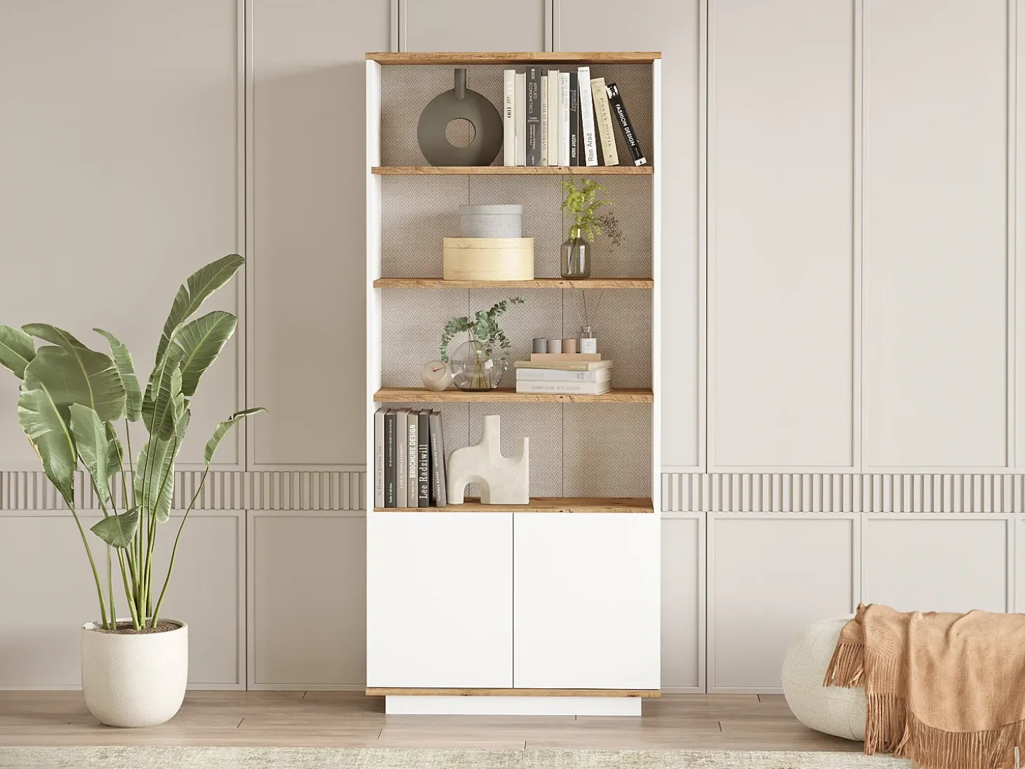 Librería con 2 puertas y 4 huecos - Blanco y natural - LOTULA