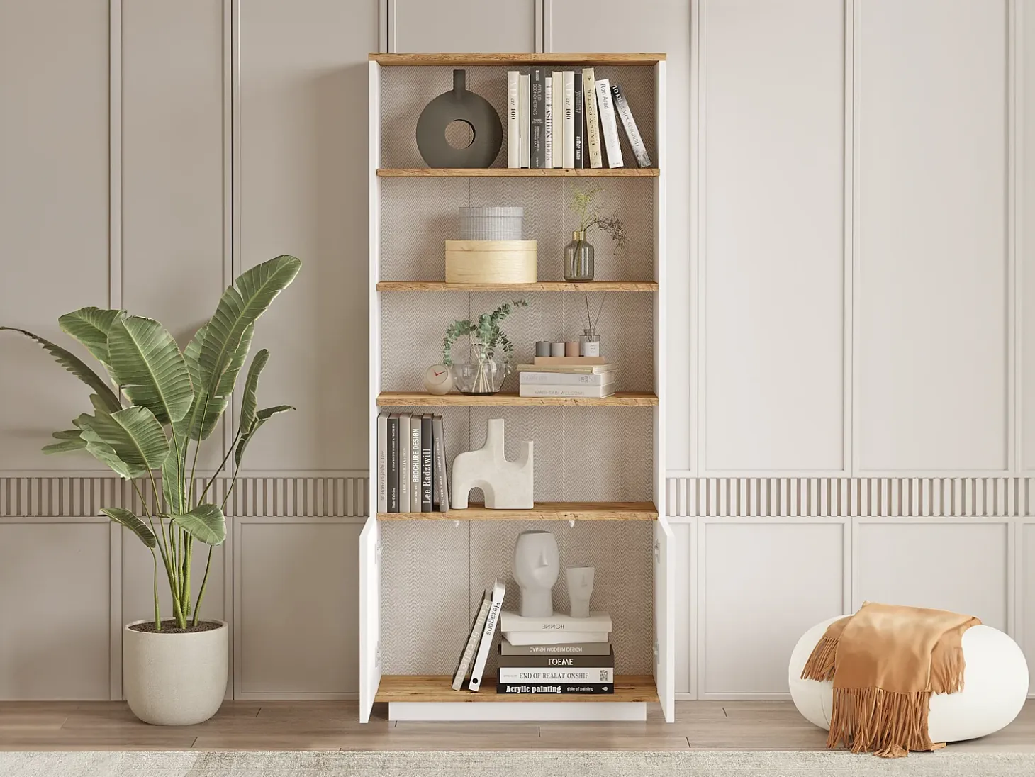 Librería con 2 puertas y 4 huecos - Blanco y natural - LOTULA
