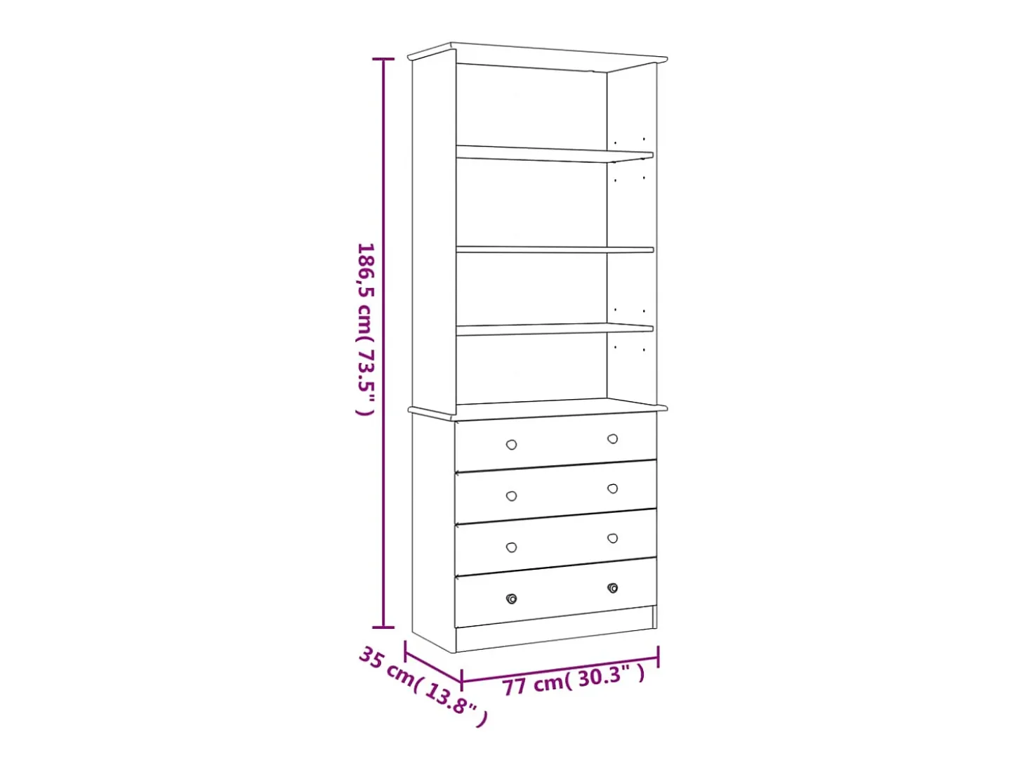 Librería con cajones ALTA madera de pino blanco 77x35x186,5 cm