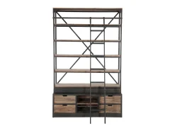 Librería con escalera de madera maciza oscura y metal negro Jibel