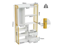 Librería de 6 estantes con una puerta y 2 cajones - 100 x 30 x 173,5 - Tablero de partículas y metal - dorado + blanco