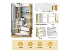 Librería de 6 estantes con una puerta y 2 cajones - 100 x 30 x 173,5 - Tablero de partículas y metal - dorado + blanco