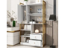 Librería de 6 estantes con una puerta y 2 cajones - 100 x 30 x 173,5 - Tablero de partículas y metal - dorado + blanco