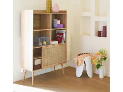 Librería de 5 estantes, puertas correderas, efecto madera y caña