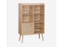 Librería de 5 estantes, puertas correderas, efecto madera y caña