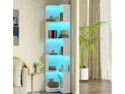 Librería de esquina - 63,5 x 45 x 175 cm - con LED + 5 niveles de almacenaje - MDF - blanco