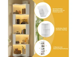 Librería de esquina - 63,5 x 45 x 175 cm - con LED + 5 niveles de almacenaje - MDF - blanco
