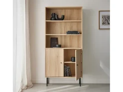 Librería de madera y metal negro con 2 puertas natural