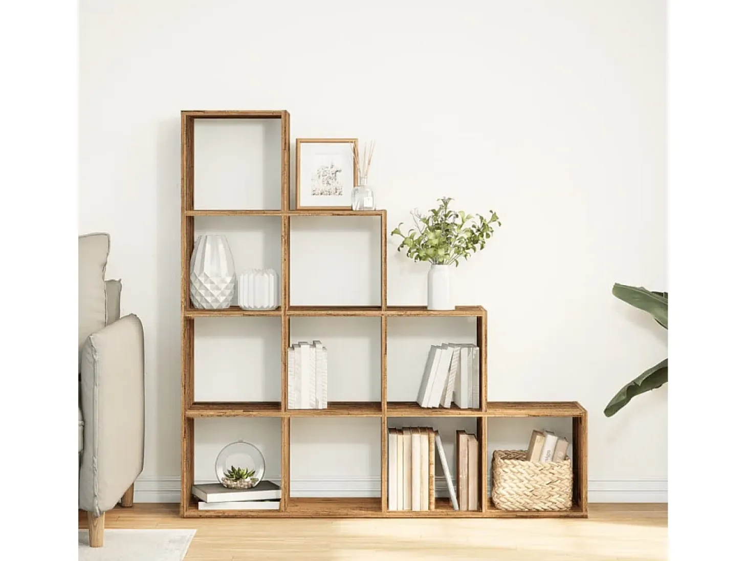 Librería divisora 4 niveles madera envejecida 131,5x29x131,5 cm