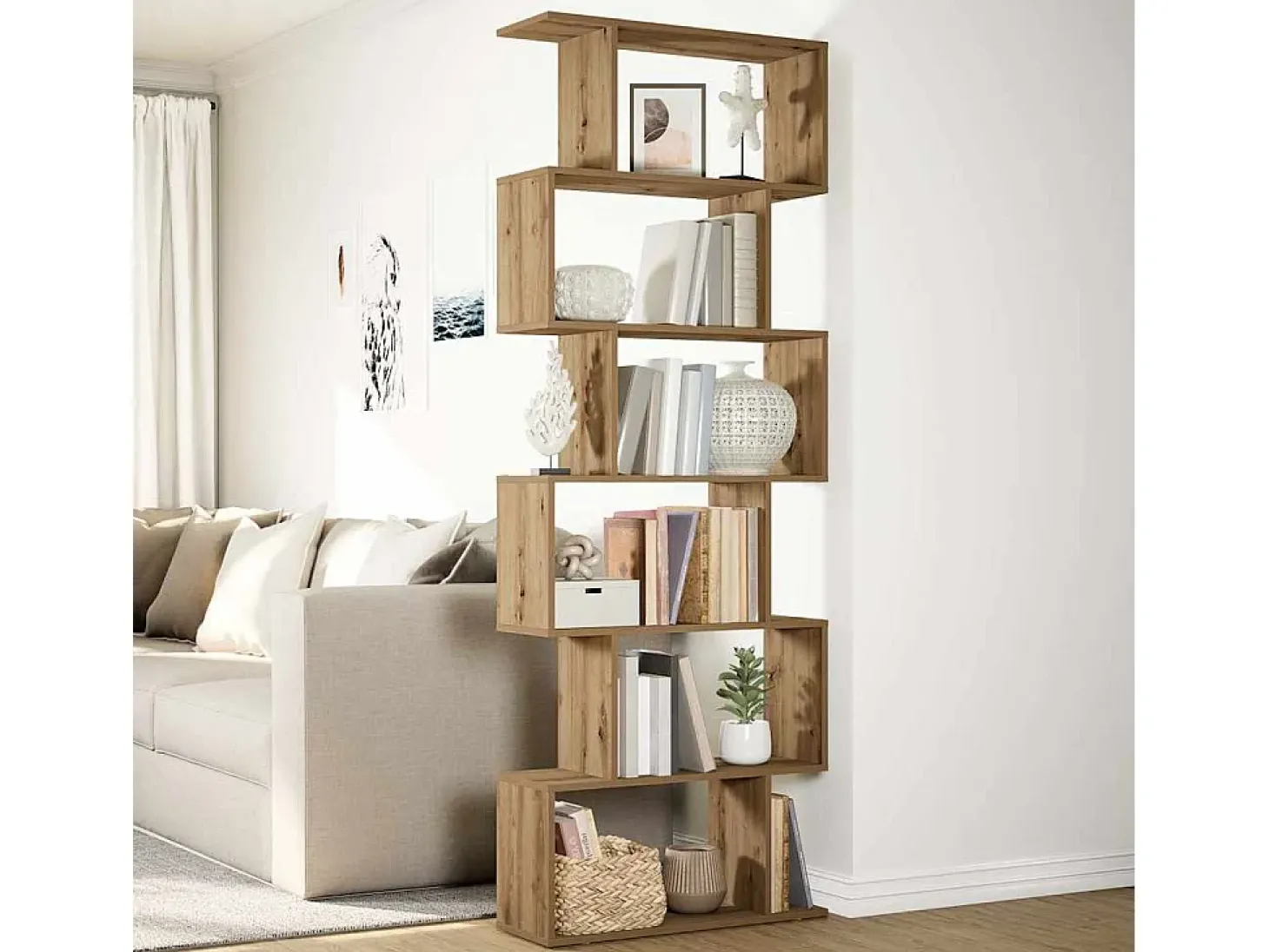Librería divisora 6 niveles madera roble artisan 70x24x193 cm