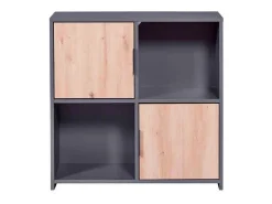 Librería Pepeto 2 puertas, 2 estantes gris, decoración roble artesanal.