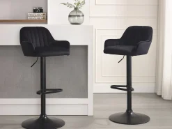 Lote de 2 taburetes de bar de terciopelo y metal - Altura ajustable - Negro - ELEANA