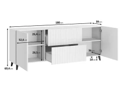 Lowboard moderno de 180 cm blanco, mueble de TV con frentes acanalados, 2 cajones y 2 armarios laterales