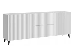 Lowboard moderno de 180 cm blanco, mueble de TV con frentes acanalados, 2 cajones y 2 armarios laterales