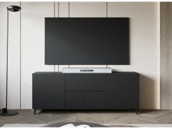 Lowboard moderno de 180 cm grafito negro, mueble de TV con diseño espiga, 2 cajones y 2 armarios laterales