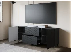 Lowboard moderno de 180 cm grafito negro, mueble de TV con diseño espiga, 2 cajones y 2 armarios laterales