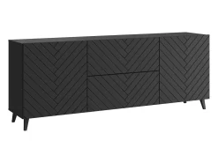 Lowboard moderno de 180 cm grafito negro, mueble de TV con diseño espiga, 2 cajones y 2 armarios laterales