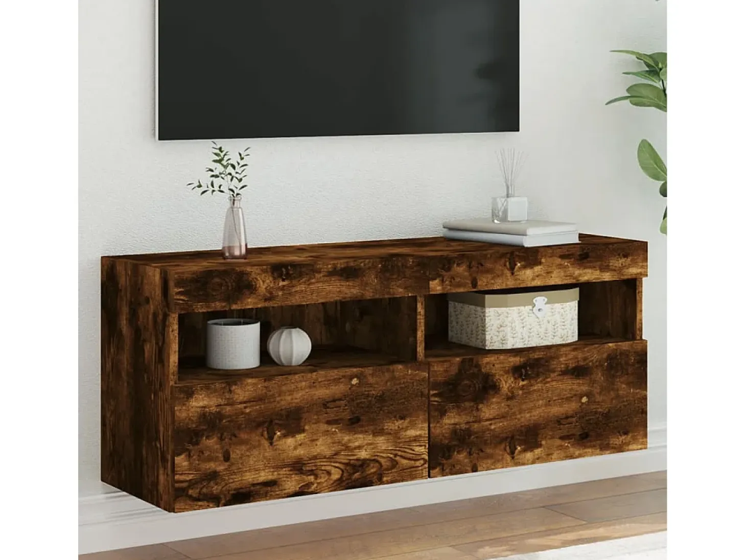 Ølstykke Mueble de TV de pared con luces LED roble ahumado 100x30x40 cm