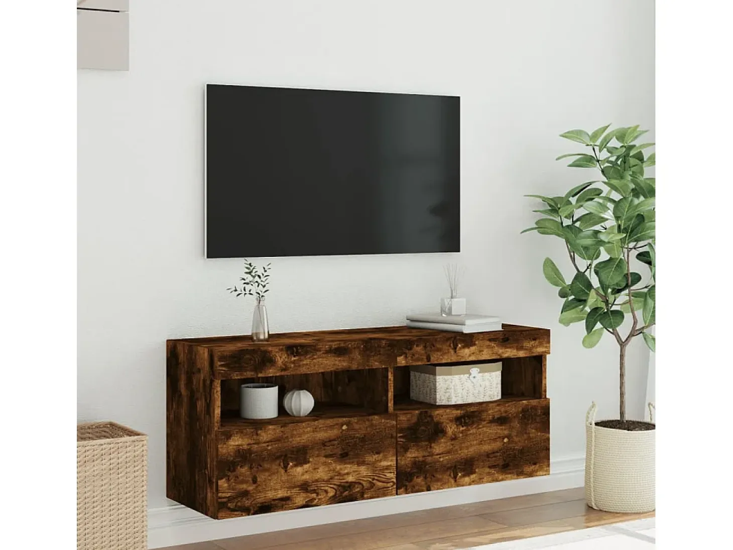 Ølstykke Mueble de TV de pared con luces LED roble ahumado 100x30x40 cm