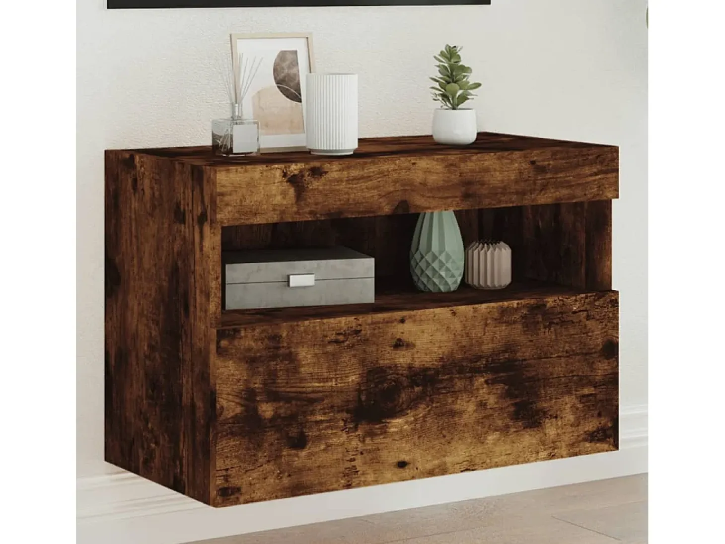 Ølstykke Mueble de TV de pared con luces LED roble ahumado 60x30x40 cm