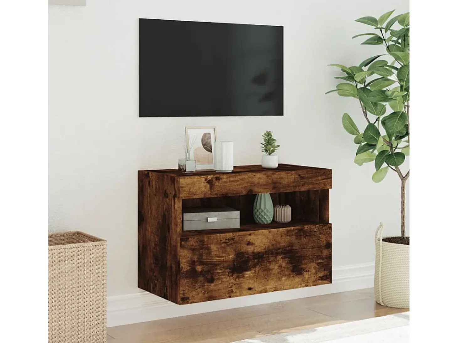 Ølstykke Mueble de TV de pared con luces LED roble ahumado 60x30x40 cm