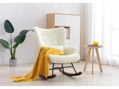 Mecedora Bebé Lactancia Mecedora en Tela Bouclette Mecedora Estilo Escandinavo en Madera de Caucho, Beige