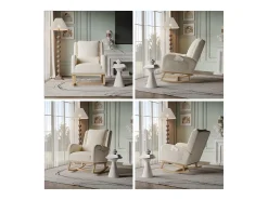 Mecedora con base y respaldo de madera, Sillón relax para salón, Lino, Beige