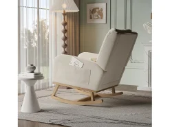 Mecedora con base y respaldo de madera, Sillón relax para salón, Lino, Beige