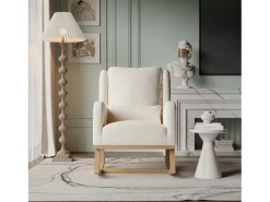 Mecedora con base y respaldo de madera, Sillón relax para salón, Lino, Beige