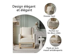 Mecedora con base y respaldo de madera, Sillón relax para salón, Lino, Beige