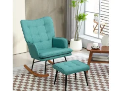 Mecedora con reposapiés, lino, verde oscuro, madera maciza y metal (64x89x90cm)