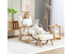 Mecedora con reposapiés, sillón relax con funda de lino, patas de madera, mecedora para dormitorio, salón, capacidad 150 kg (96x65x94,5 cm)