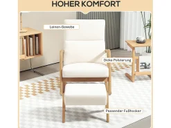 Mecedora con reposapiés, sillón relax con funda de lino, patas de madera, mecedora para dormitorio, salón, capacidad 150 kg (96x65x94,5 cm)