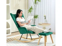 Mecedora con reposapiés, tela de terciopelo, patas de madera, verde (66x96x101 cm)