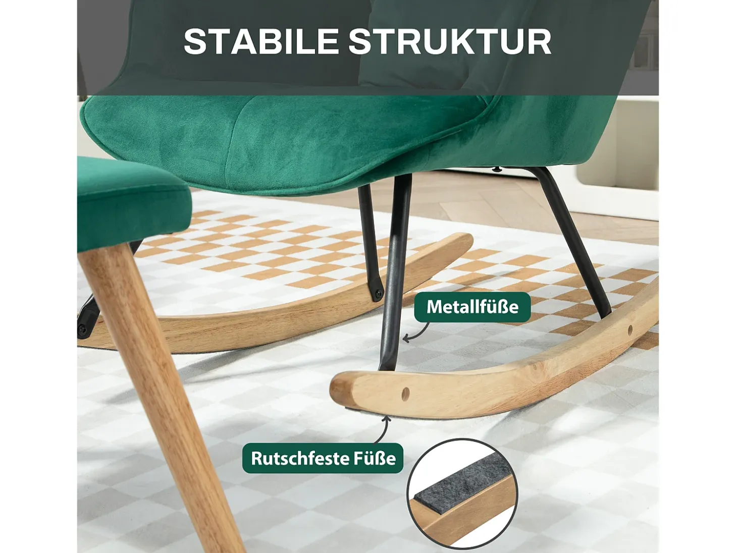 Mecedora con reposapiés, tela de terciopelo, patas de madera, verde (66x96x101 cm)