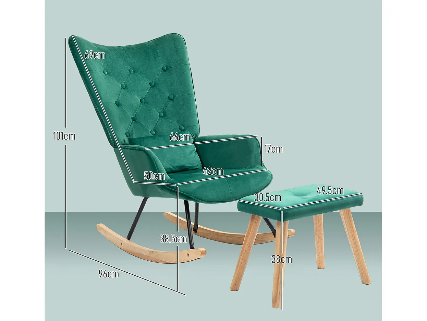 Mecedora con reposapiés, tela de terciopelo, patas de madera, verde (66x96x101 cm)