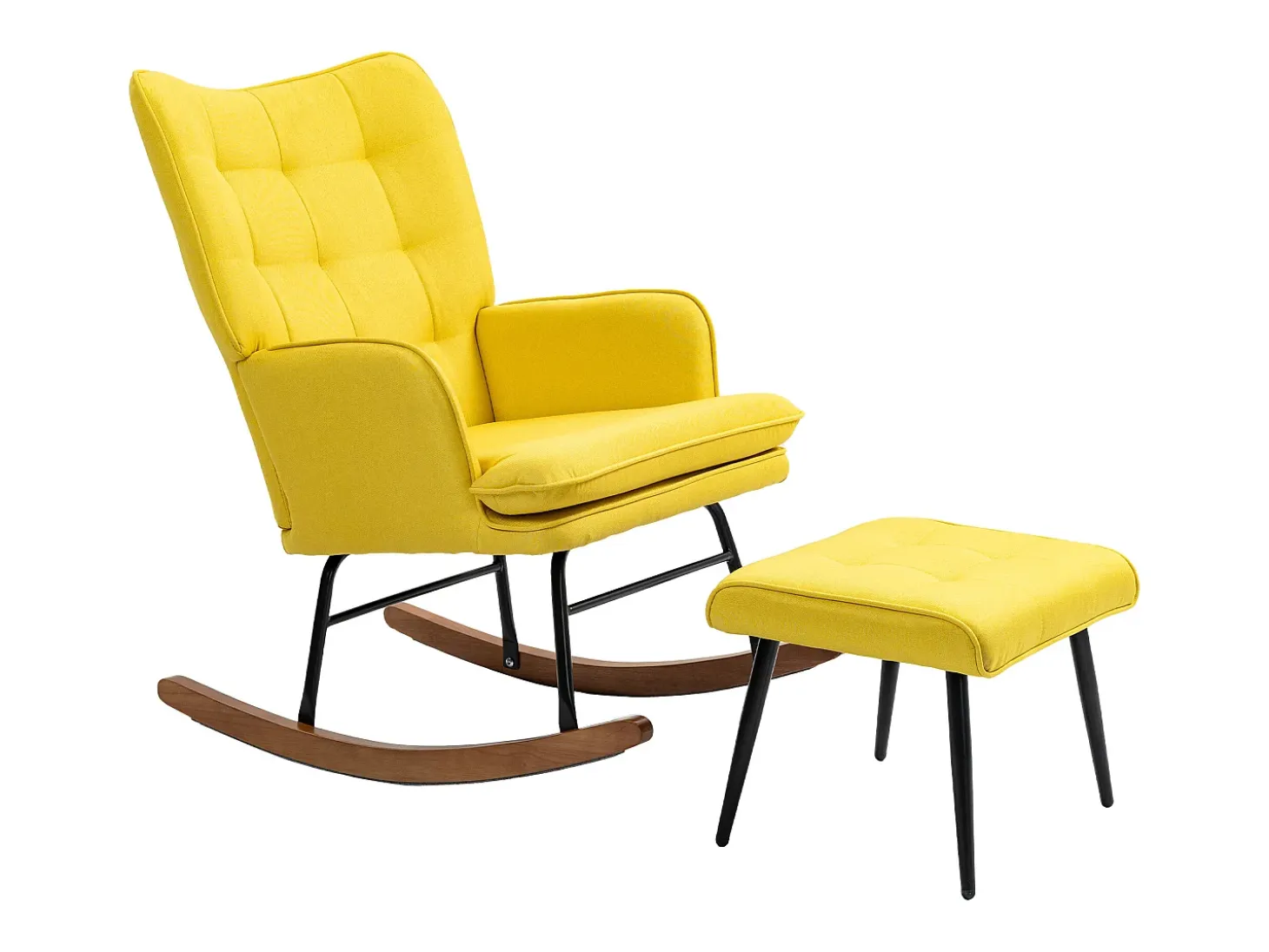 Mecedora con taburete de lino amarillo, estructura de acero y patas de madera.