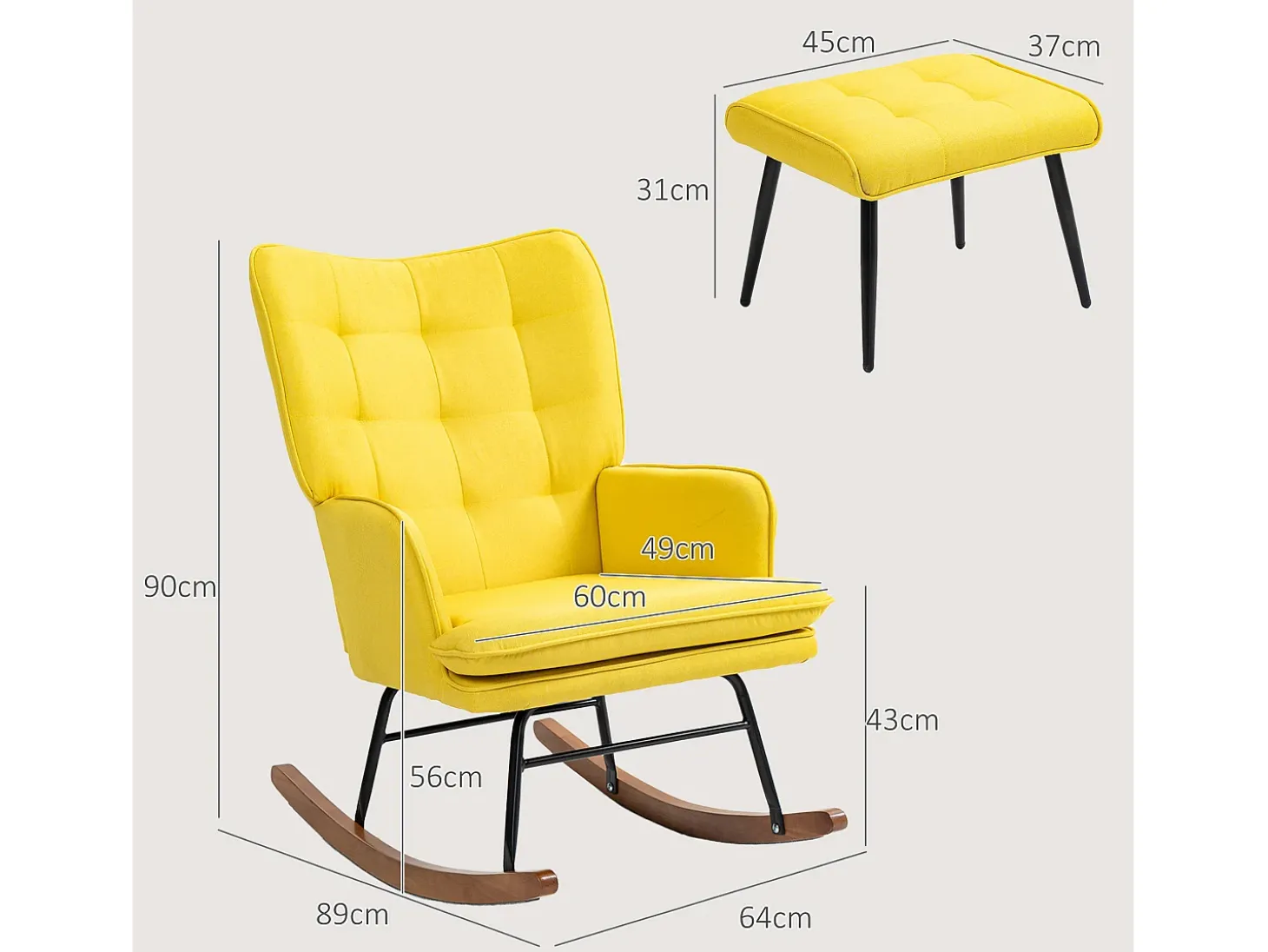 Mecedora con taburete de lino amarillo, estructura de acero y patas de madera.