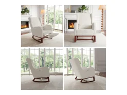 Mecedora de madera maciza con reposapiernas retráctil y respaldo alto - Mecedora para salón y dormitorio - Hasta 150 kg - Beige
