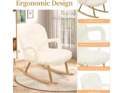 Mecedora de peluche - Cómoda mecedora con reposapiés y patas de madera maciza - 65 x 96,5 x 85 cm - Blanco