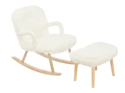 Mecedora de peluche - Cómoda mecedora con reposapiés y patas de madera maciza - 65 x 96,5 x 85 cm - Blanco