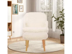Mecedora de peluche - Cómoda mecedora con reposapiés y patas de madera maciza - 65 x 96,5 x 85 cm - Blanco