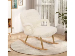 Mecedora de peluche Teddy - Mecedora con reposapiés, patas de madera maciza - cómoda 65x96,5x85cm - Blanco