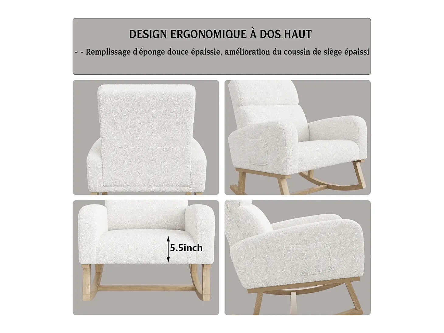 Mecedora de piel de cordero con 2 bolsillos laterales, asiento amplio y cómodo, color blanco