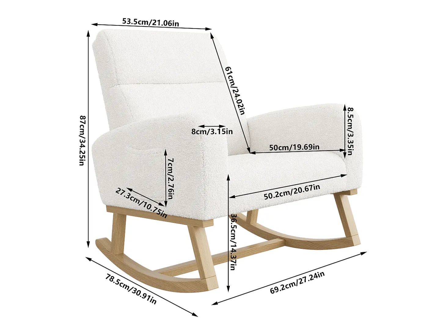 Mecedora de piel de cordero con 2 bolsillos laterales, asiento amplio y cómodo, color blanco