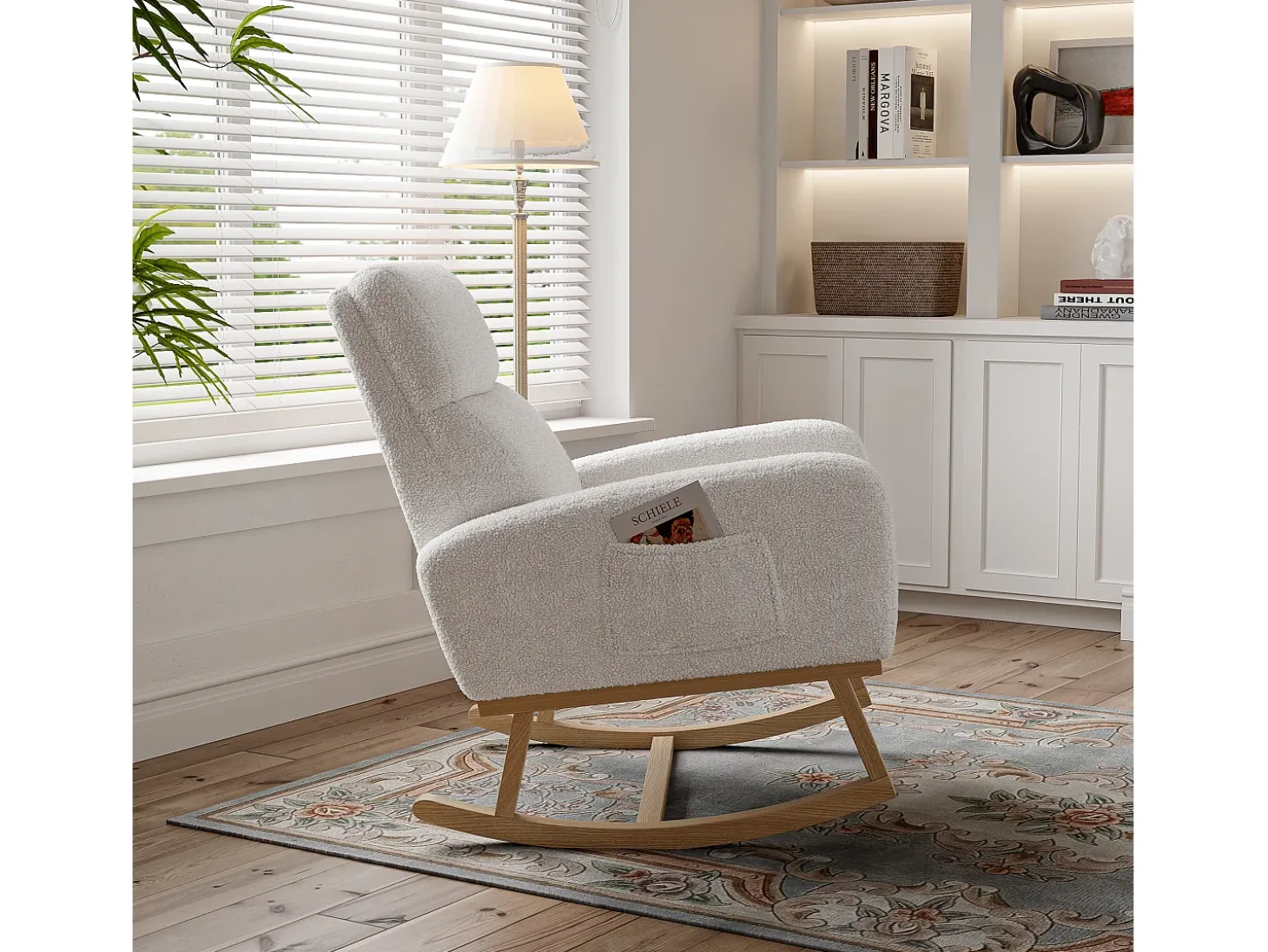 Mecedora de piel de cordero con 2 bolsillos laterales, asiento amplio y cómodo, color blanco