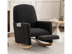 Mecedora de salón, felpa gris oscuro, Mecedora con reposapiés retráctil y estructura de madera