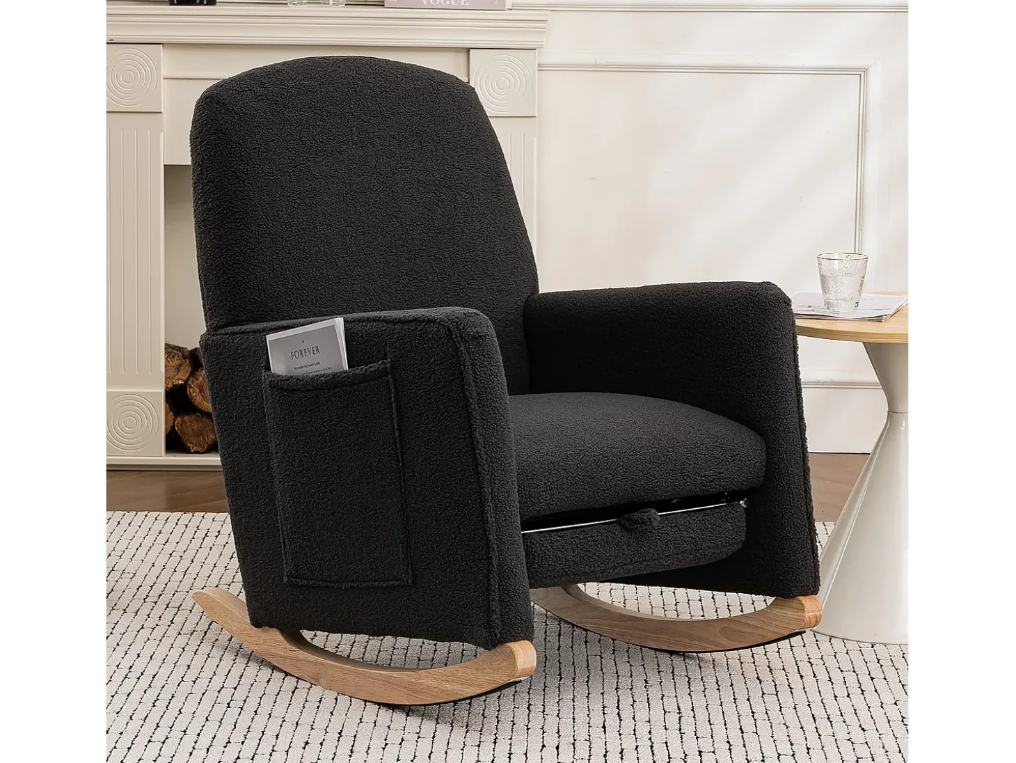 Mecedora de salón, felpa gris oscuro, Mecedora con reposapiés retráctil y estructura de madera