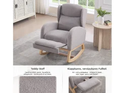 Mecedora de tela Teddy, diseño ergonómico con reposapiés ajustable, estructura de madera, gris (122,5 x 70 x 104 cm)