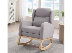 Mecedora de tela Teddy, diseño ergonómico con reposapiés ajustable, estructura de madera, gris (122,5 x 70 x 104 cm)